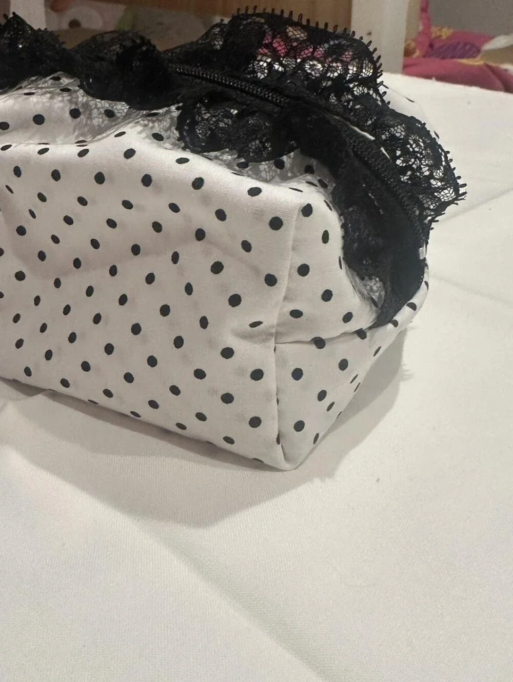 Handmade White Polka Dot Makeup Bag 🖤✨ Black Lace Ruffle Pouch | Coquette
